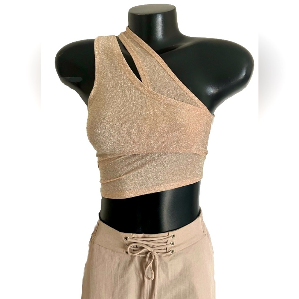 GOLD glittery STRETCHY tank TOP Blouse WEAR It 3 different WAYS! SIZE: MED EUC!